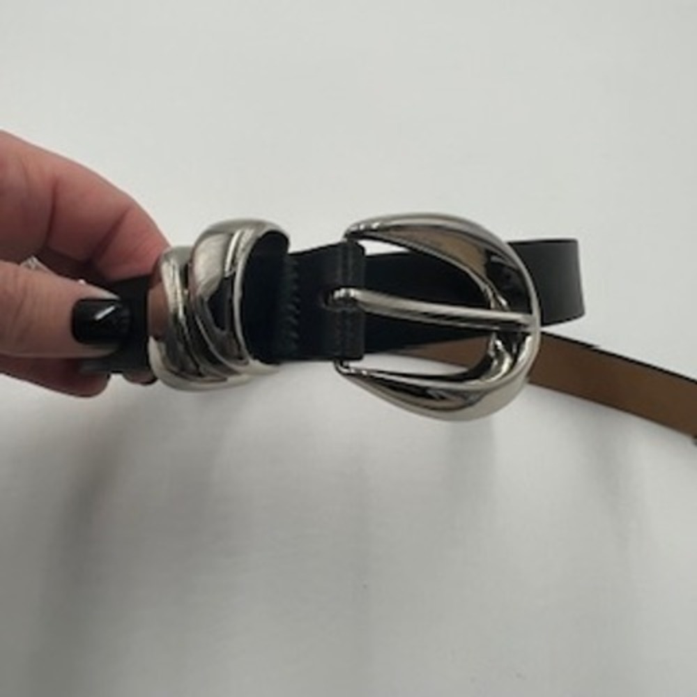 Target Women Black Skinny Belt‎ Silver Sculptural Buckle Metal Tip XL TWF24-0006